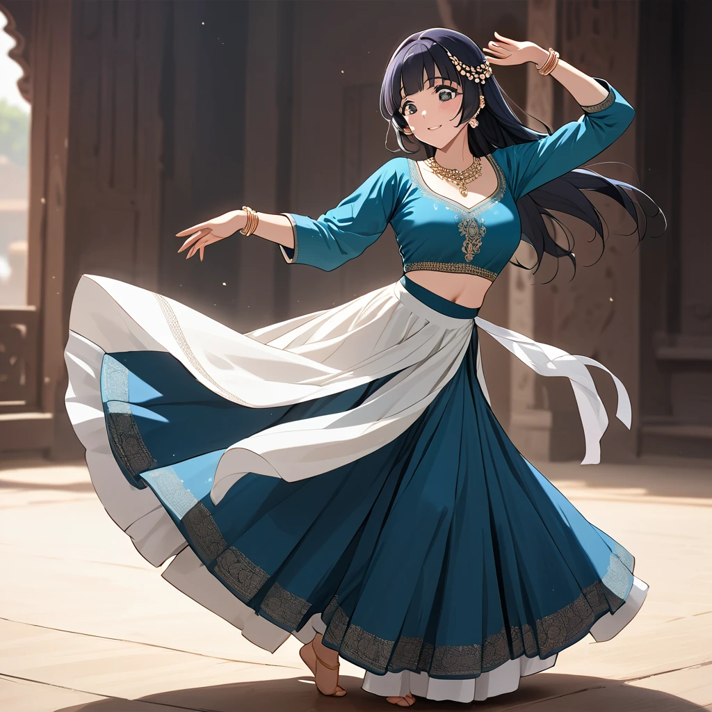 ((Highest quality)), ((masterpiece)), (detailed), (Perfect Face)、The woman is Reika Aoki with semi-long hair、A woman is dancing Kathak dance in a Kathak costume in India