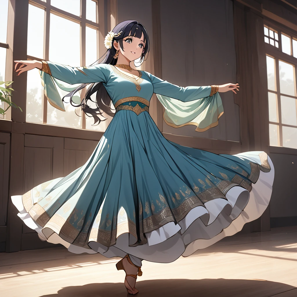 ((Highest quality)), ((masterpiece)), (detailed), (Perfect Face)、The woman is Reika Aoki with semi-long hair、A woman is dancing Kathak dance in a Kathak costume in India