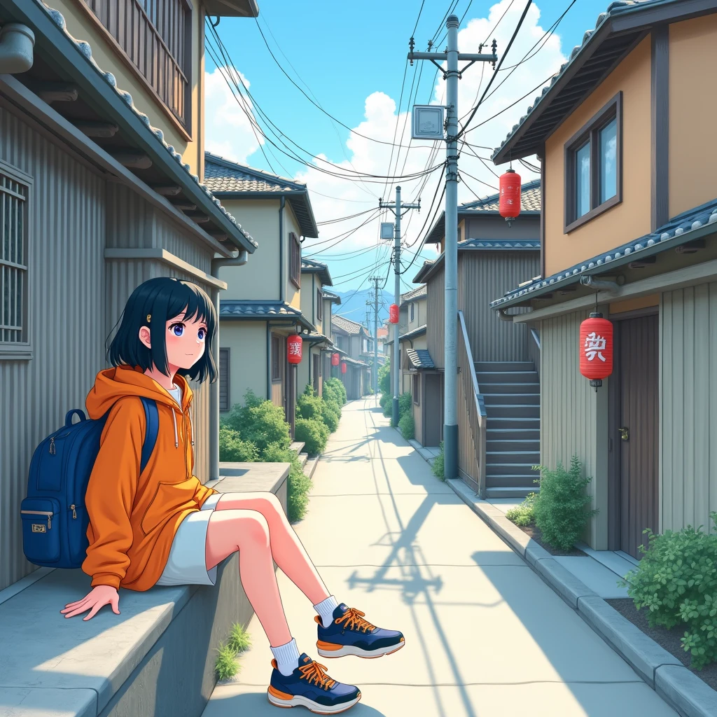 A photo of a young woman sitting on the edge of a small concrete ledge in a traditional, narrow Japanese street. She wears an oversized orange jacket with white trim, paired with a light skirt and vibrant orange sneakers. Her black hair is styled in a bob with a small accessory, and she carries a blue backpack. The scene captures a relaxed, everyday moment as she gazes to the side with a calm, contemplative expression. The street is lined with old wooden buildings painted in soft colors, with balconies, traditional signs, and hanging red lanterns decorating the space. The quiet street leads upwards, with a series of steps and power lines crisscrossing the sky overhead, creating a peaceful, lived-in atmosphere typical of a residential neighborhood in Japan.