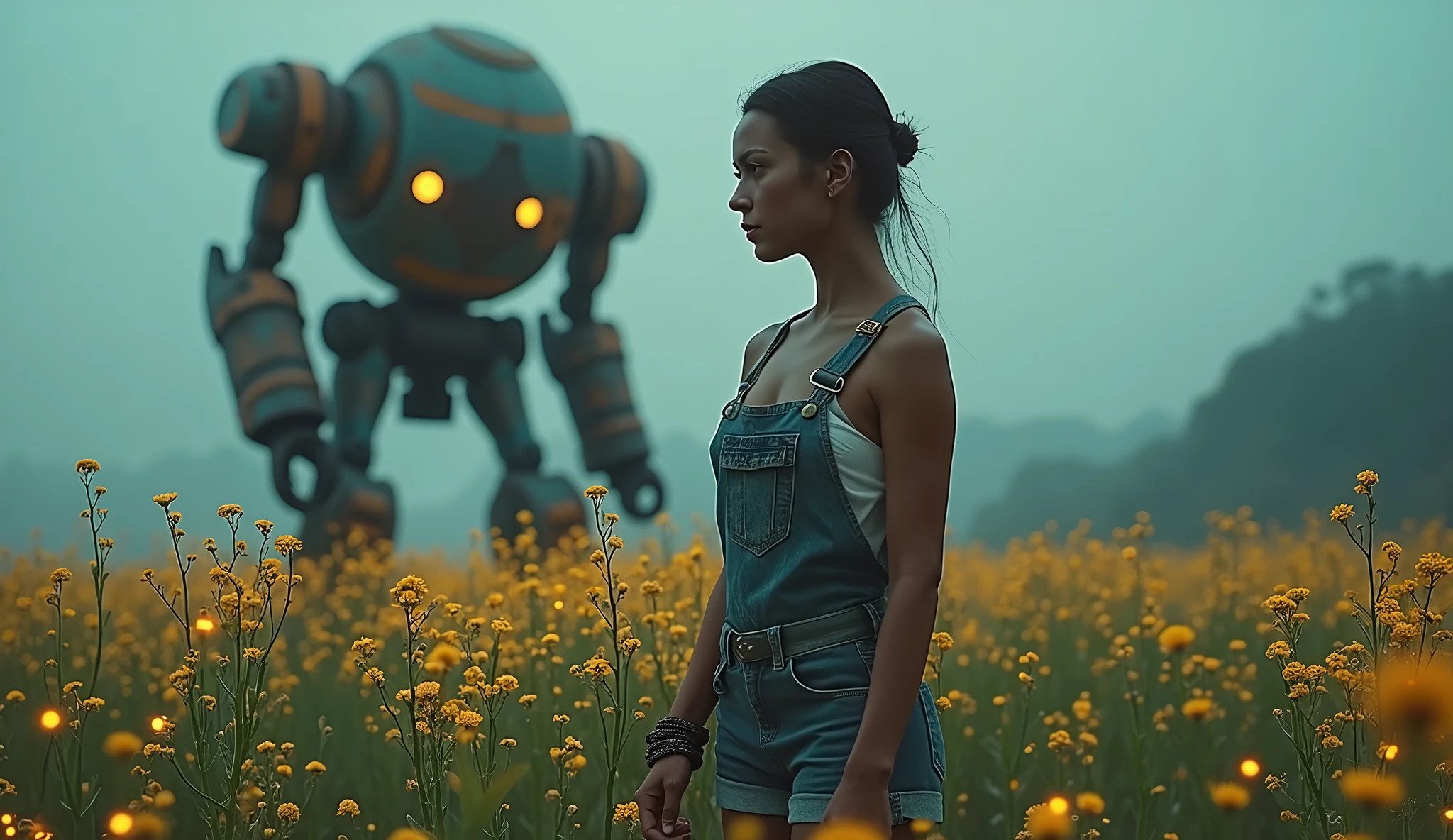 (Masterpiece.UHD.photorealistic. Analog photography. 1950 style) in a dystopian Neo retro futuristic world. An ultra hot gorgeous European farmer. Age 23. Epic cleavage (100E breast size) she cultivates a field of bioluminescent plants. 1930 clunky and rusty evil war robot in background.