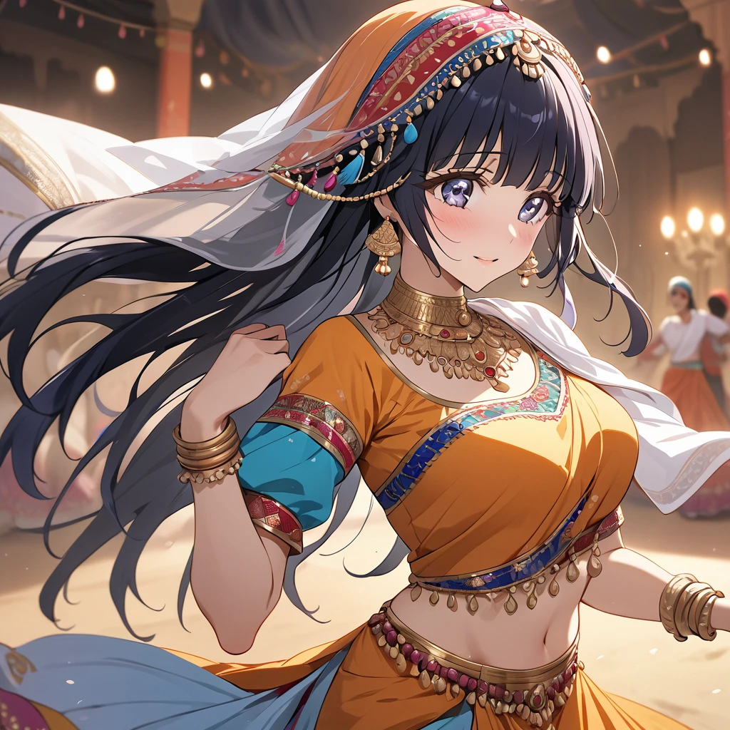 ((Highest quality)), ((masterpiece)), (detailed), (Perfect Face)、The woman is Reika Aoki with semi-long hair、A woman is dancing Rajasthani dance in an Indian Rajasthani dance costume.