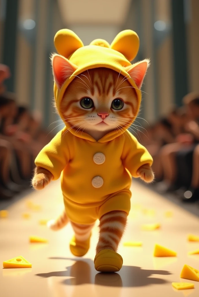 (photorealism:1.2), cute ginger cat, wear cheese clothes, walking on runway