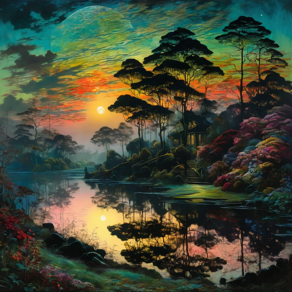 jjohn atkinson pintura estilo grimshaw da noite O luar brilha, casting mysterious shadows across the landscape. The garden is full of various flowers, its vibrant colors contrasting with the darkness. The painting style is reminiscent of the works of John Atkinson Grimshaw, with a focus on intricate details and a touch of romanticism. The colors are rich and vivid, adding depth to the overall composition. The lighting of the painting accentuates the mysterious and enchanting atmosphere, creating a sense of anticipation and intrigue. Art captures the essence of the night, with a perfect balance between realism and imagination.