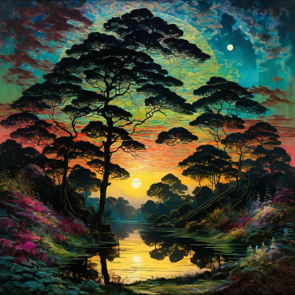 jjohn atkinson pintura estilo grimshaw da noite O luar brilha, casting mysterious shadows across the landscape. The garden is full of various flowers, its vibrant colors contrasting with the darkness. The painting style is reminiscent of the works of John Atkinson Grimshaw, with a focus on intricate details and a touch of romanticism. The colors are rich and vivid, adding depth to the overall composition. The lighting of the painting accentuates the mysterious and enchanting atmosphere, creating a sense of anticipation and intrigue. Art captures the essence of the night, with a perfect balance between realism and imagination.