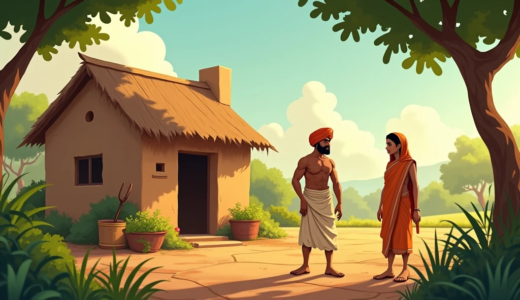 In Cinematic 2d cartoon style indian villege
"A poor farmer named Ramu and wife, living in a simple village house with his wife. The scene shows a rustic rural setting with a small mud or brick house, a thatched roof, and a dirt path leading to the entrance. The couple is dressed in traditional, simple village attire. Ram, the farmer, wears a worn-out dhoti and turban, while his wife is in a plain saree. Surrounding the house are some trees, a small vegetable patch, and farm tools. The mood is modest yet peaceful, reflecting the humble life of the farmer and his wife."