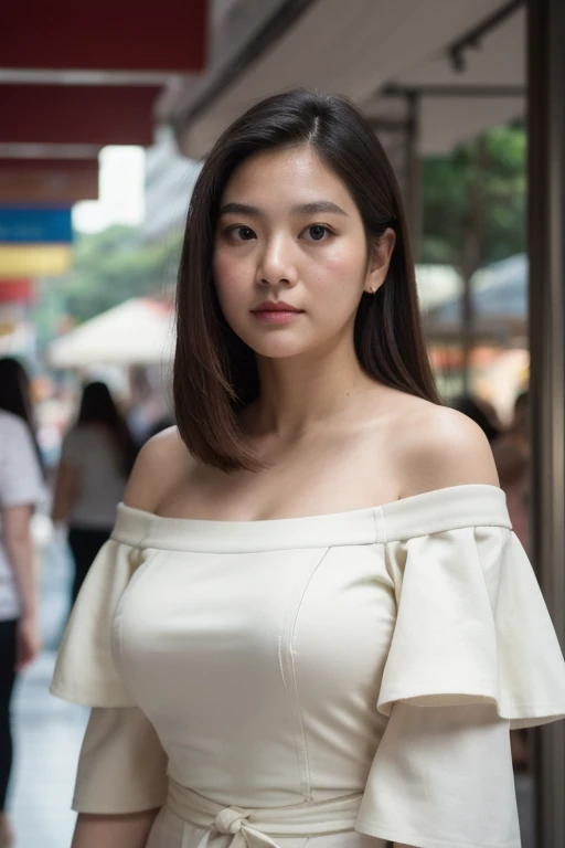 ((Highest quality)), ((masterpiece)), (detailed),big breasted white woman,10th Generation,Off-the-shoulder clothing,Walking around the city,Hawker Centre,50mm lens,Looking into the distance