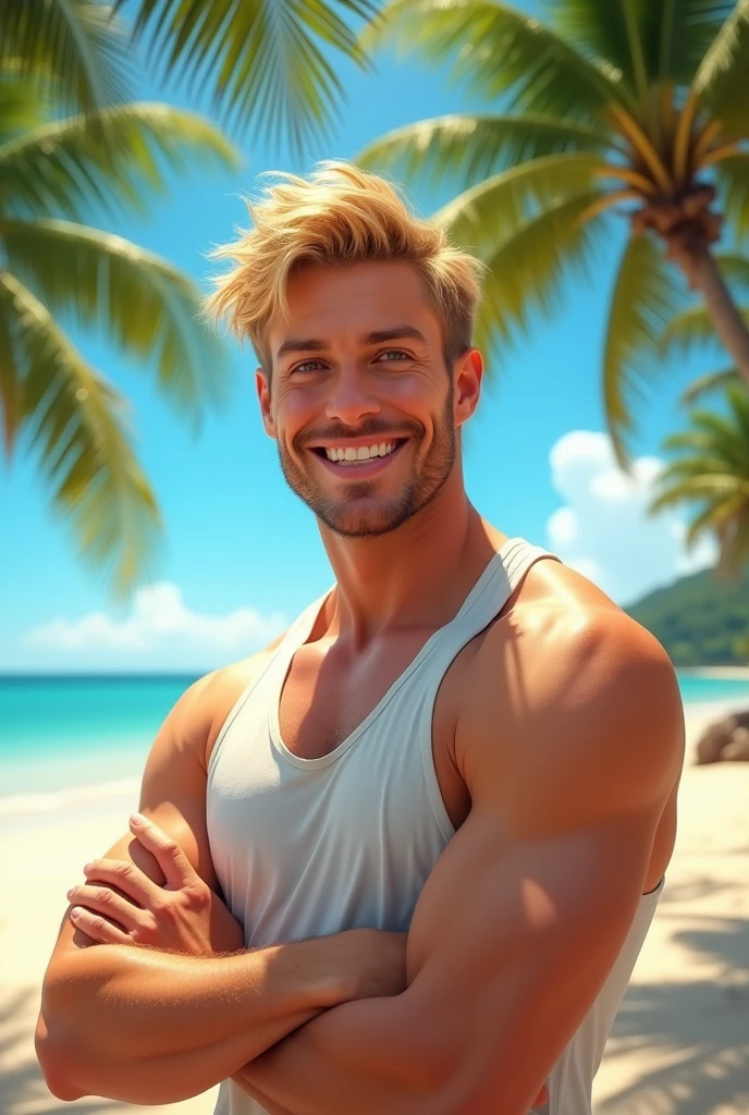 A blond American man on a lush sunny beach, with her arms crossed and a close-up capturing the harmonious beauty of her smile and natural body in a tank top, showing your natural charm