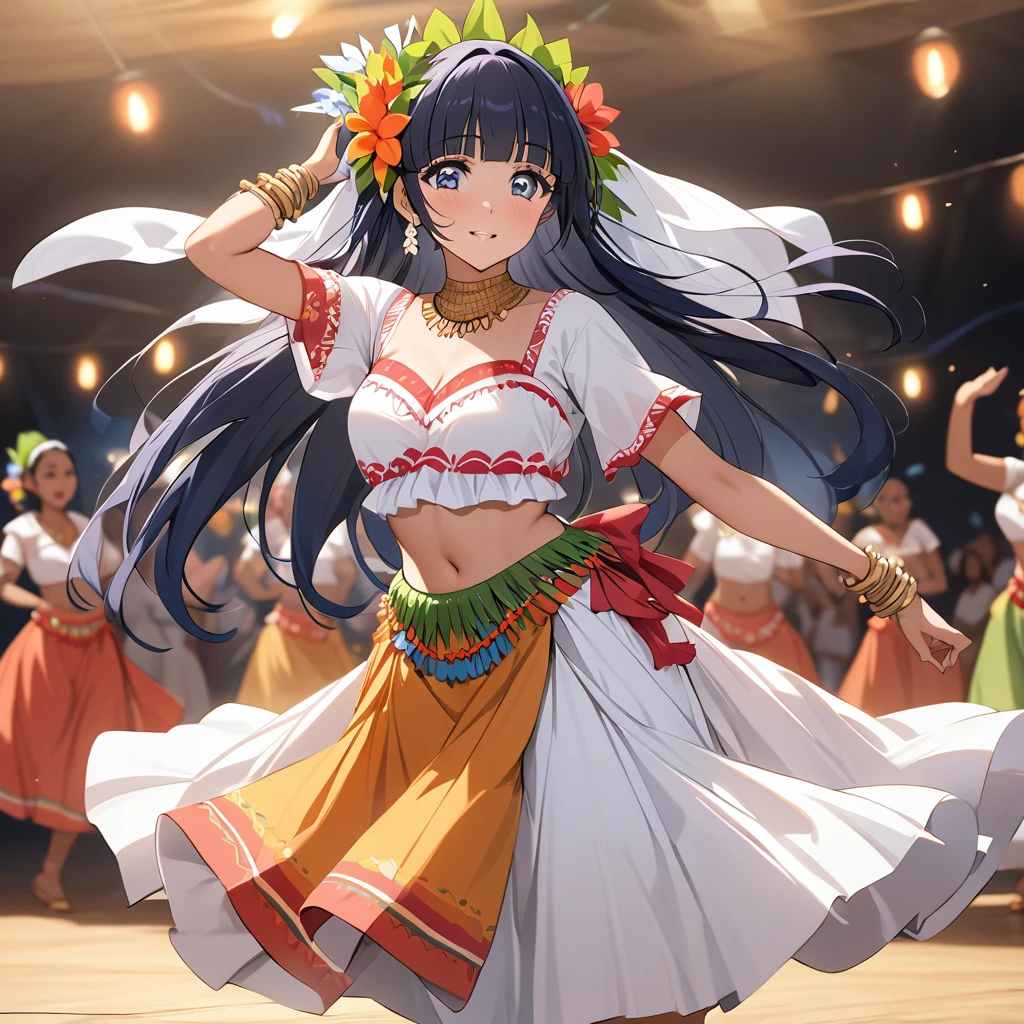 ((Highest quality)), ((masterpiece)), (detailed), (Perfect Face)、The woman is Reika Aoki with semi-long hair、A woman is dancing the Mauritian folk dance Sega dance in a costume of the Mauritian folk dance Sega dance in Mauritius, Africa