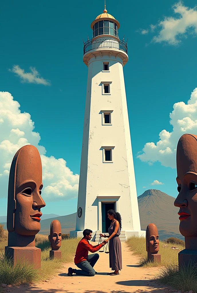 I want an image with the following objects: the Conchipata lighthouse in the city of Oruro, Bolivia, then also the Sajama hill and in the background a Bolivian art painting of a woman standing holding a scale and the man on the ground shaking her hand and in the surroundings there are monolith masks, all of that for a comic book cover.