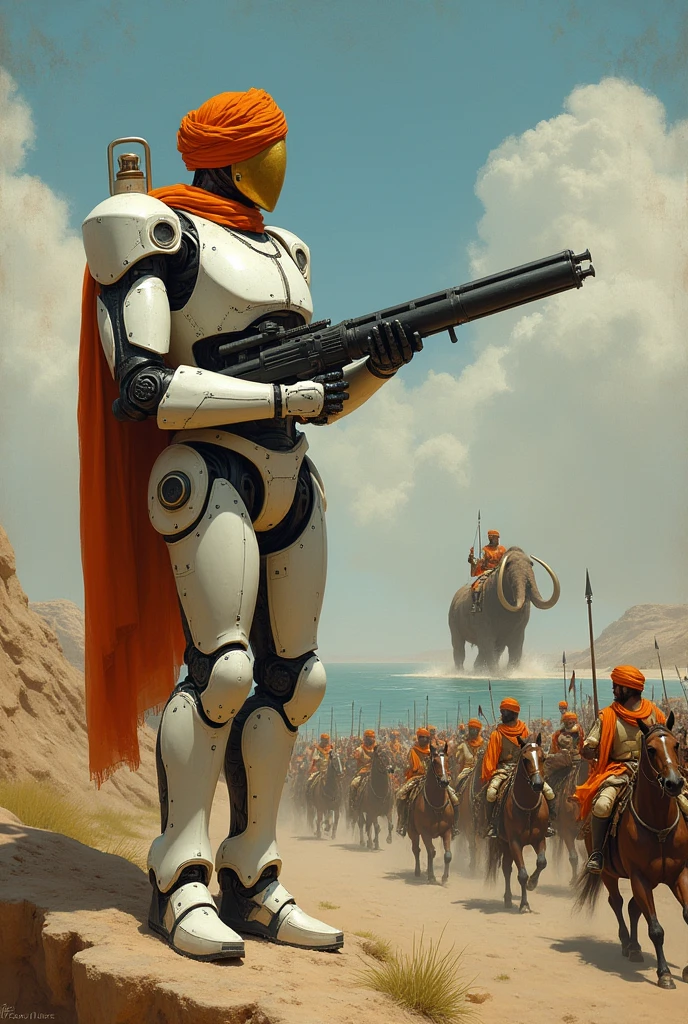 An old artistic painting shows a view where a robo in white glossy steal and saffron turban on top and having m242 bushmaster single-barrel chain-driven autocannon machine gun on a archer tower. Firing on a lakhs big enemy afghans army on horse having spears and swords coming from front side towards him, and that army leader is seated on howdah on big mamoths
