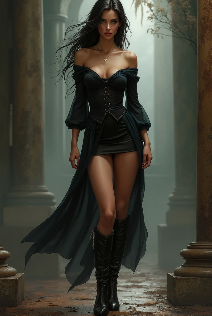 beautiful woman, wearing loose off-shoulder top, short skirts ,long boots, stockings long hair, pheadsissormen's neck