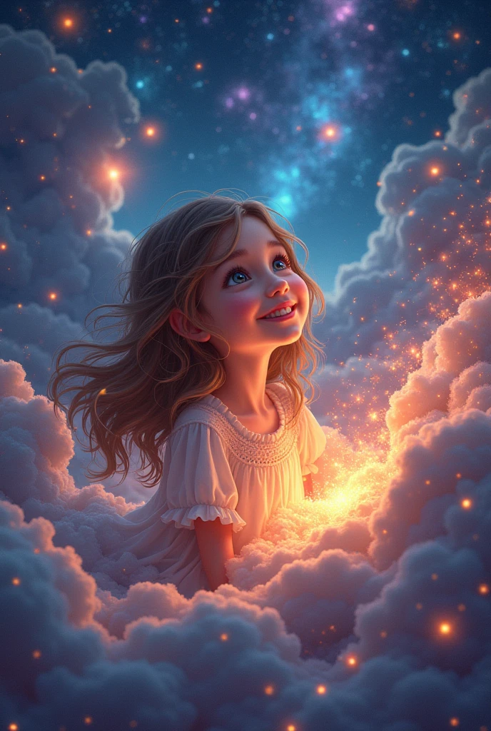 High Detail, Super Detail, Ultra-high resolution, Girl enjoying time in fantasy galaxy, Surrounded by stars, The warm light shines on her, Background is starry sky，There are colorful galaxies and galaxy clouds, Stars flew around her, Delicate face, Add a fun atmosphere , --v6
