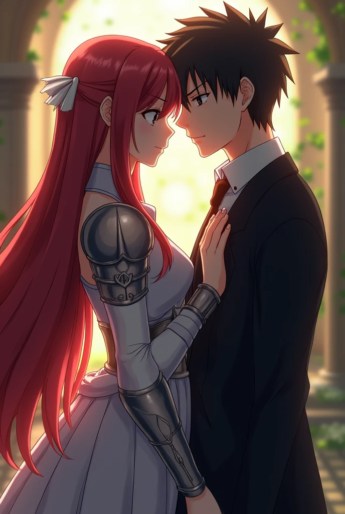 A wallpaper of Erza Scarlet with her husband. The man is black haired, black eyes, wearing a school uniform. The main title is Rai Sonata X Erza Scarlet