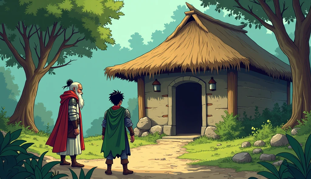 Arav arriving at Sage Bhaskar’s hut: Comic style. Arav, still the young adult warrior, stands in front of a simple wooden hut nestled in a peaceful forest clearing. His short black hair is tied back, and his red scarf is visible over his armor, partially covered by a green cloak. Sage Bhaskar, an elderly man with a long white beard and wise blue eyes, dressed in white robes, stands outside, smiling warmly at Arav
