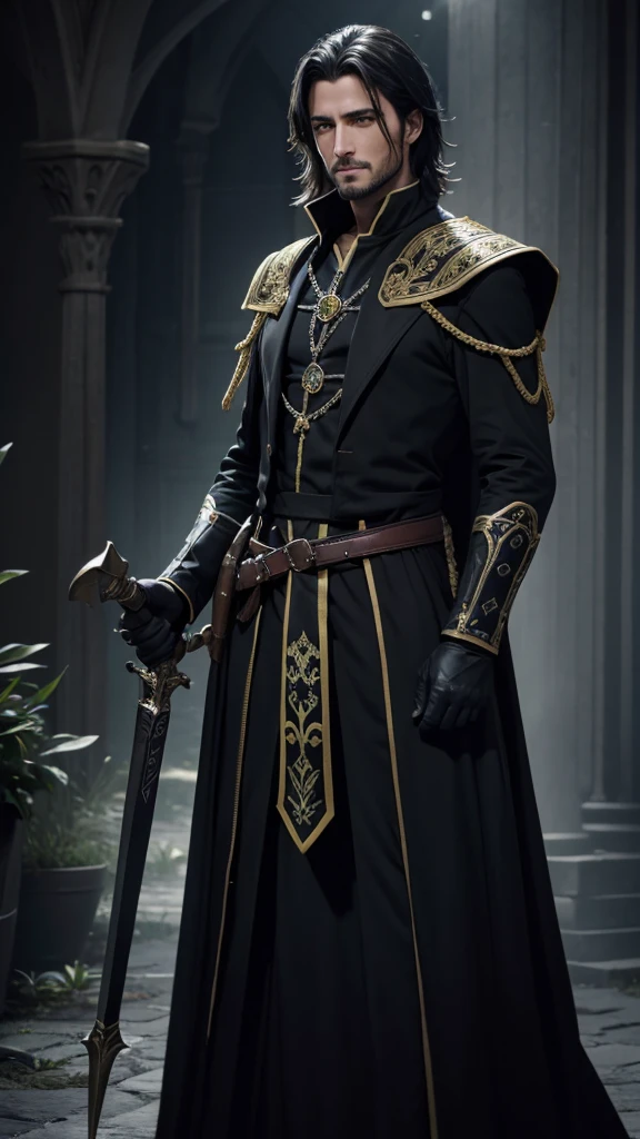 Dieu homme médiéval fantasy peau jaune, cheveux courts noirs, yeux bleu foncés, porte une robe simple vert/noir, debout dans un champ