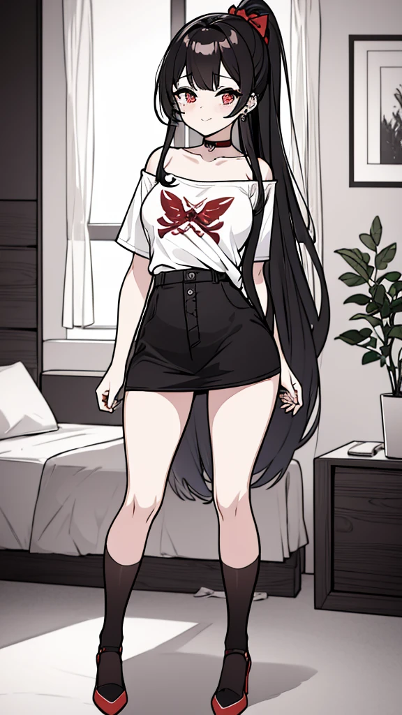 using pantimedies, wavy black hair, piercing look with deep red eyes, average stature, Waist length hair, Silky hair with a ponytail hairstyle collected with a red bow with two white lines, has a vagina, has breasts, cup of breasts, small breasts, slim, foreground, Session, sitting in her room, standing in his room, wearing pantyhose, using pantimedies, Picardias, neckline, looking at the viewer, lascivious smile, ((oversized t-shirt)), off the shoulders, without pants, washing machines, thighs, ((White T-shirt)), standing, hands on the hips,, shoes, blush, from below, thighs gorditos, thighs grandes, big ass