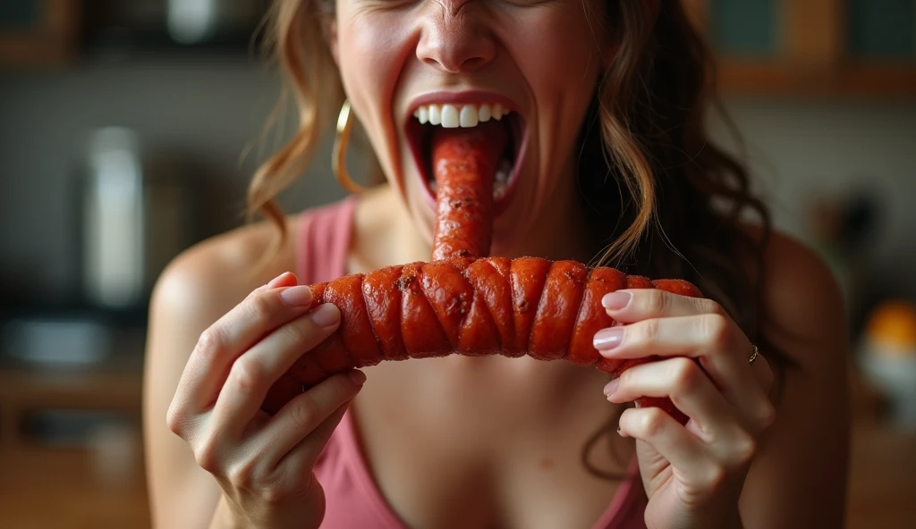 put sausage in mouth,orgasm painful expression,Heaps of sausages in both hands,muscular woman Eating penis shaped sausage battle contest,in kitchen stadium,