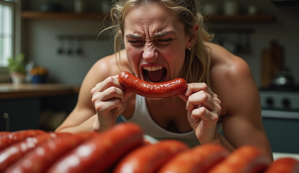 put sausage in mouth,orgasm painful expression,Heaps of sausages in both hands,muscular woman Eating penis shaped sausage battle contest,in kitchen stadium,