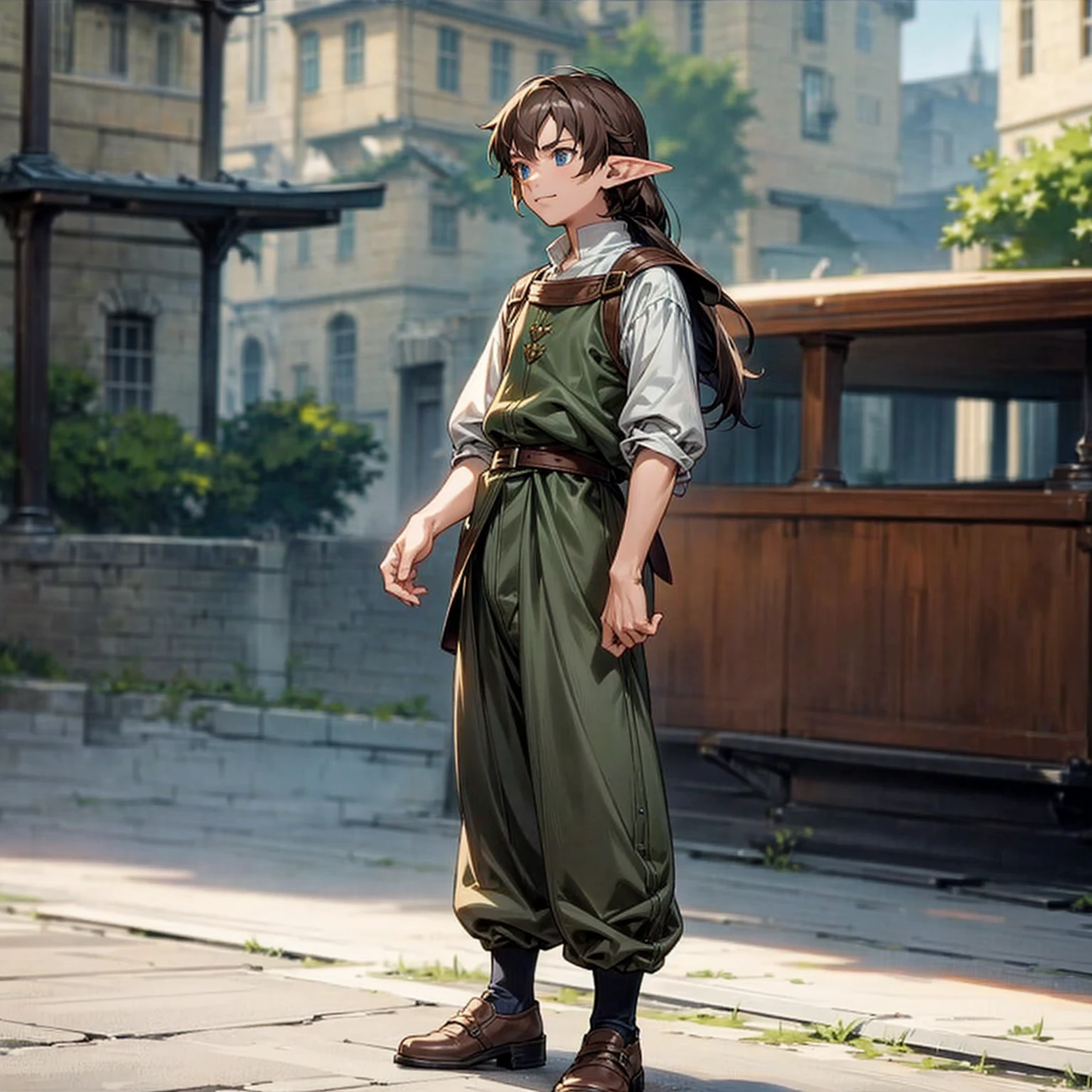 Solo character, full body version, young man, (elf), blue eyes, brown color hair, long hair, casual clothing, long pants, shoes, outdoor, town, medieval, standing gesture, detailed background, detailed clothing, detailed hair, happy, Makoto shinkai style art)