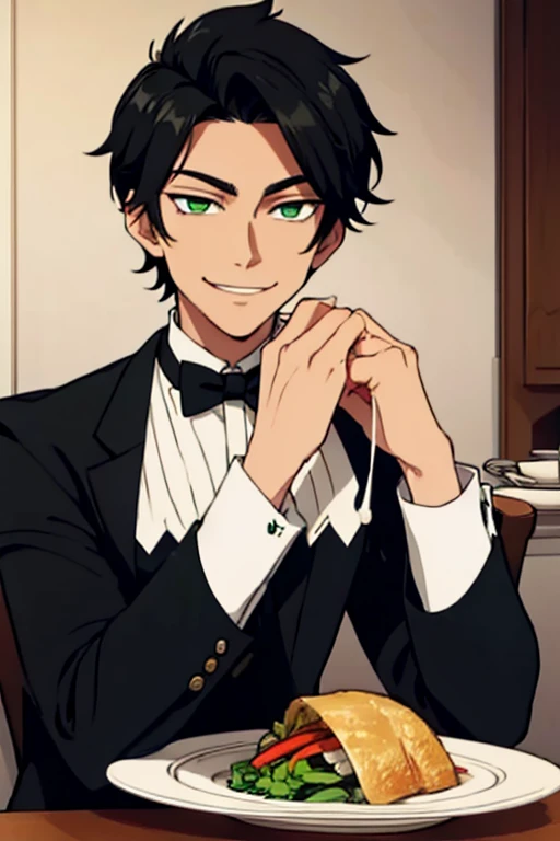 Perfect face. Perfect hands. A handsome black haired man with green eyes and short hair in a butler's uniform is smiling while serving dinner in a fancy butler cafe