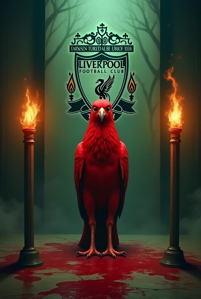 There is a red liverbird (bird that is in liverpool football club's logo) in forest-green room. And there is a torch on both sides of the bird. And there is liverpool footbalm club's logo on the wall. And blood is flowing around the bird
