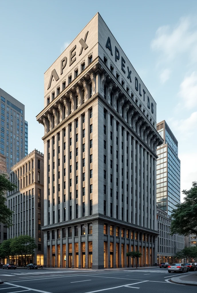 Create an embassy with American architecture and a concrete written Apex Global Holdings where is the writing