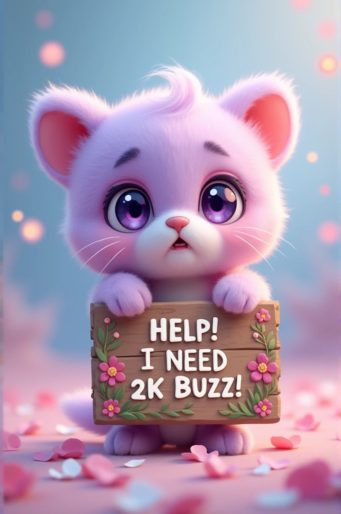A small, fluffy, and adorable creature with a mix of pastel pink and lavender fur. The creature resembles a mix between a kitten and a teddy bear, with large, round, expressive eyes that sparkle with a soft purple hue. Its tiny paws gently hold a rustic wooden sign, which is adorned with delicate, hand-painted flowers and leaves.
Pose:
The creature is standing upright, with its paws wrapped around the edges of the sign. Its round, chubby face is slightly tilted forward, giving it a pleading and endearing expression. The creature’s big eyes are wide open, exuding a look of innocence and desperation.
Setting:
The background is a dreamy, pastel-toned environment. The ground is covered in soft, pink, and white petals, giving the impression of a magical, fairytale-like setting. The backdrop features a gradient of soft blues and pinks, with tiny, glowing stars and bubbles floating around, adding to the whimsical atmosphere.
Visual Style:
The entire image should have a photorealistic yet slightly exaggerated cartoon-like quality, focusing on smooth, soft textures and vibrant colors. The lighting is soft, with a gentle glow that highlights the creature's fur and the wooden sign.
Mood and Atmosphere:
The mood is heartwarming and slightly humorous, intended to evoke a sense of cuteness overload. The image should make viewers feel an instant connection with the creature, compelling them to respond to its plea.
Text on Sign:
The sign reads, "HELP! I NEED 2K BUZZ!" in playful, handwritten-style text. The letters should appear as if they were carved into the wood and then filled with white paint, giving them a slightly imperfect, handmade look. The floral decorations on the sign should complement the creature’s color palette, with pastel pink flowers and soft green leaves.
Artistic Techniques:
Use detailed digital painting techniques to render the fur, making it appear soft and fluffy. The eyes should be rendered with a high level of detail, including reflections