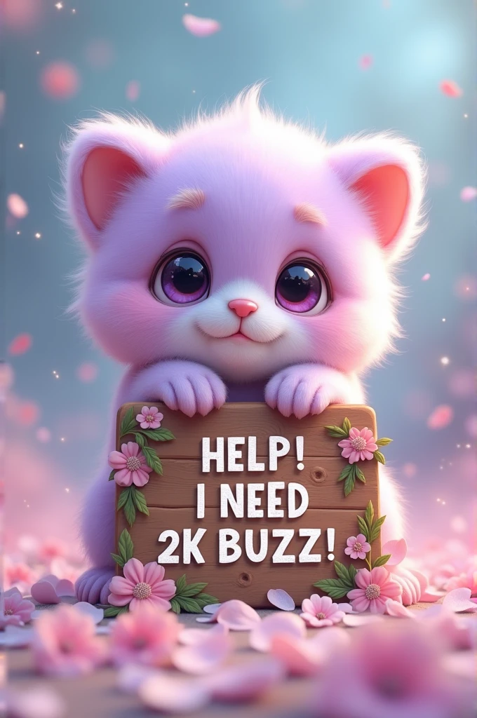 A small, fluffy, and adorable creature with a mix of pastel pink and lavender fur. The creature resembles a mix between a kitten and a teddy bear, with large, round, expressive eyes that sparkle with a soft purple hue. Its tiny paws gently hold a rustic wooden sign, which is adorned with delicate, hand-painted flowers and leaves.
Pose:
The creature is standing upright, with its paws wrapped around the edges of the sign. Its round, chubby face is slightly tilted forward, giving it a pleading and endearing expression. The creature’s big eyes are wide open, exuding a look of innocence and desperation.
Setting:
The background is a dreamy, pastel-toned environment. The ground is covered in soft, pink, and white petals, giving the impression of a magical, fairytale-like setting. The backdrop features a gradient of soft blues and pinks, with tiny, glowing stars and bubbles floating around, adding to the whimsical atmosphere.
Visual Style:
The entire image should have a photorealistic yet slightly exaggerated cartoon-like quality, focusing on smooth, soft textures and vibrant colors. The lighting is soft, with a gentle glow that highlights the creature's fur and the wooden sign.
Mood and Atmosphere:
The mood is heartwarming and slightly humorous, intended to evoke a sense of cuteness overload. The image should make viewers feel an instant connection with the creature, compelling them to respond to its plea.
Text on Sign:
The sign reads, "HELP! I NEED 2K BUZZ!" in playful, handwritten-style text. The letters should appear as if they were carved into the wood and then filled with white paint, giving them a slightly imperfect, handmade look. The floral decorations on the sign should complement the creature’s color palette, with pastel pink flowers and soft green leaves.
Artistic Techniques:
Use detailed digital painting techniques to render the fur, making it appear soft and fluffy. The eyes should be rendered with a high level of detail, including reflections