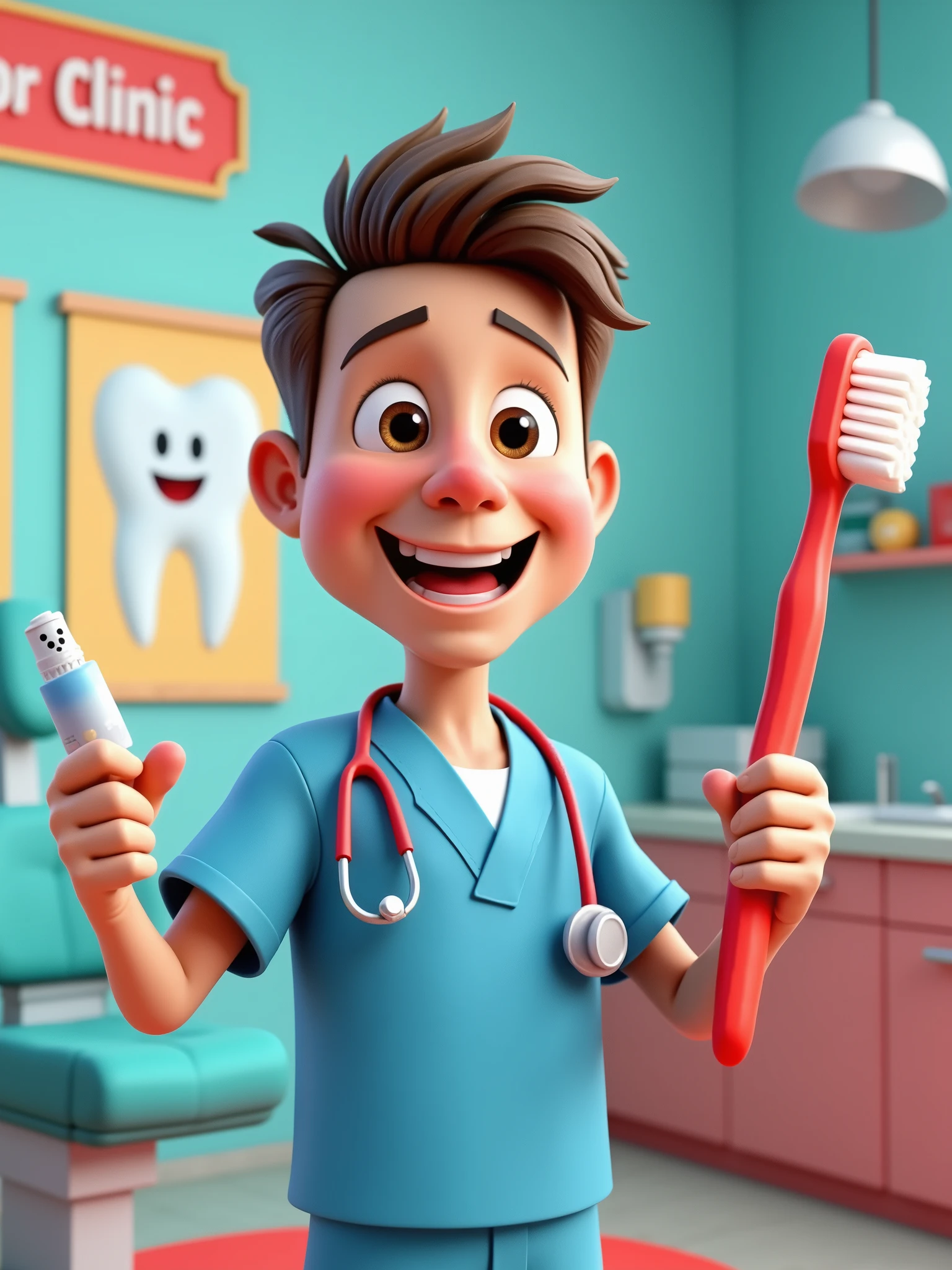 Create for the 3D Avatar Pixar Disney character from a friendly dentist for children's and adult videos called 'Dental Care Clinic'. The dentist must have a cheerful expression, large eyes and no round glasses and a warm smile. Your hair should be short and well. He uses bright blue exfoliations with a stethoscope around his neck and is portrayed with fun exaggeration, including large sparkles in a vibrant red color. The background presents a fun and inviting dental office, complete with a colorful dentist chair, bright healthy tooth posters on the walls and a small shelf full of toys with dental themes. The 'Dental Care Clinic' plate is featured with prominence. The dentist is holding a giant toothbrush in one hand and the other hand holding toothpaste