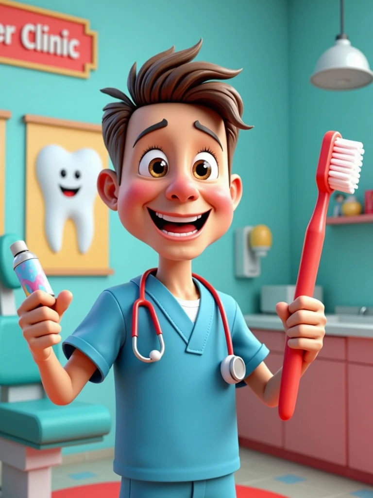 Create for the 3D Avatar Pixar Disney character from a friendly dentist for children's and adult videos called 'Dental Care Clinic'. The dentist must have a cheerful expression, large eyes and no round glasses and a warm smile. Your hair should be short and well. He uses bright blue exfoliations with a stethoscope around his neck and is portrayed with fun exaggeration, including large sparkles in a vibrant red color. The background presents a fun and inviting dental office, complete with a colorful dentist chair, bright healthy tooth posters on the walls and a small shelf full of toys with dental themes. The 'Dental Care Clinic' plate is featured with prominence. The dentist is holding a giant toothbrush in one hand and the other hand holding toothpaste