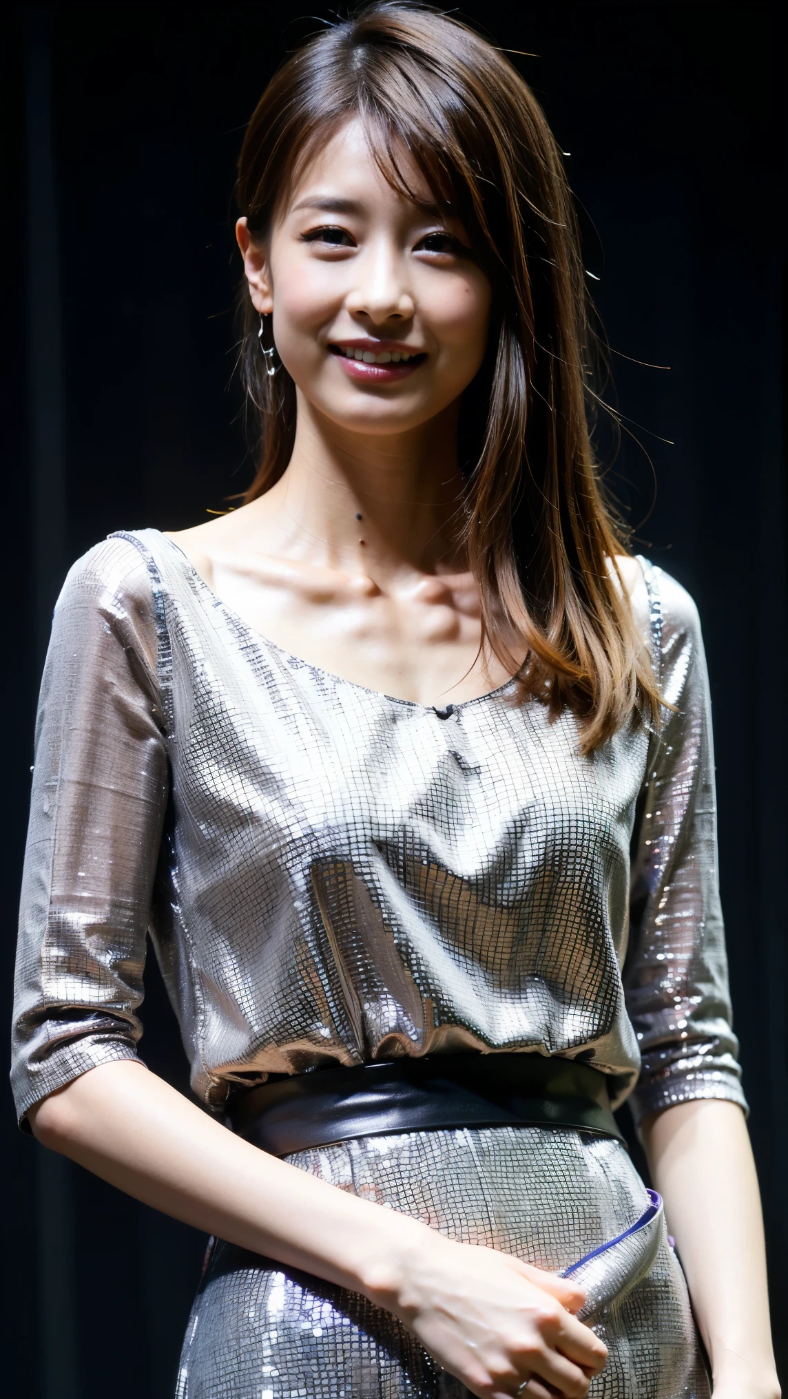 Highest quality,masterpiece,Ultra-high resolution,(Actual:1.4),Original photo,Ultra-high resolution,8k,There are also women,Fair skin、Sheer silver mesh mini dress,High heels,Long legs:1.5,Bright and beautiful,high waist,Flashy makeup using red eyeshadow,Gray background,