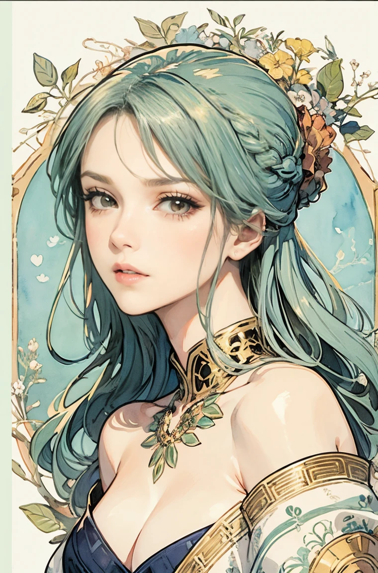 ((master piece)), (best quality), (cinematic), art nouveau watercolor , Floral_background, Intricate designs and patterns in the style of Alphonse Mucha,Artoria Pendragon,Fate/stay night