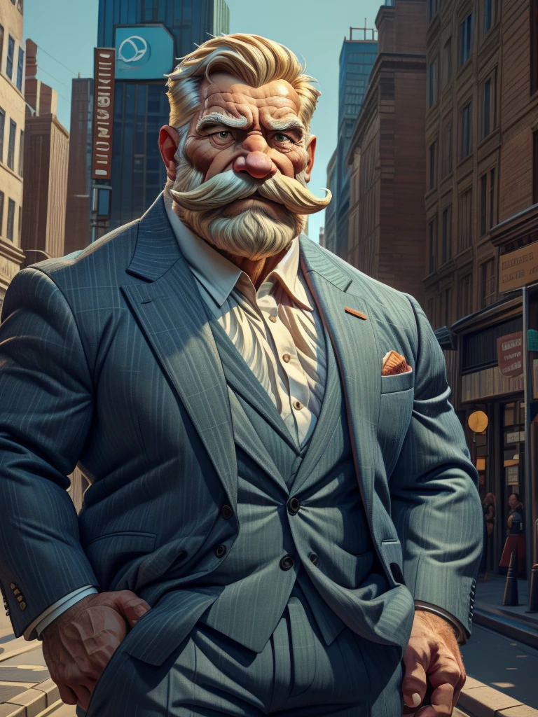 a muscular old man with a thick mustache and long beard, wearing a suit, standing in a city background, (best quality,4k,8k,highres,masterpiece:1.2),ultra-detailed,,detailed wrinkles,detailed facial features,detailed texture, half body, halfbody
