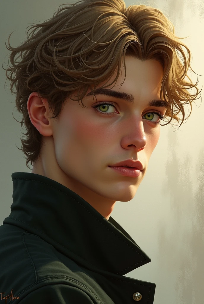 Male with short wavy golden brown hair and light green eyes