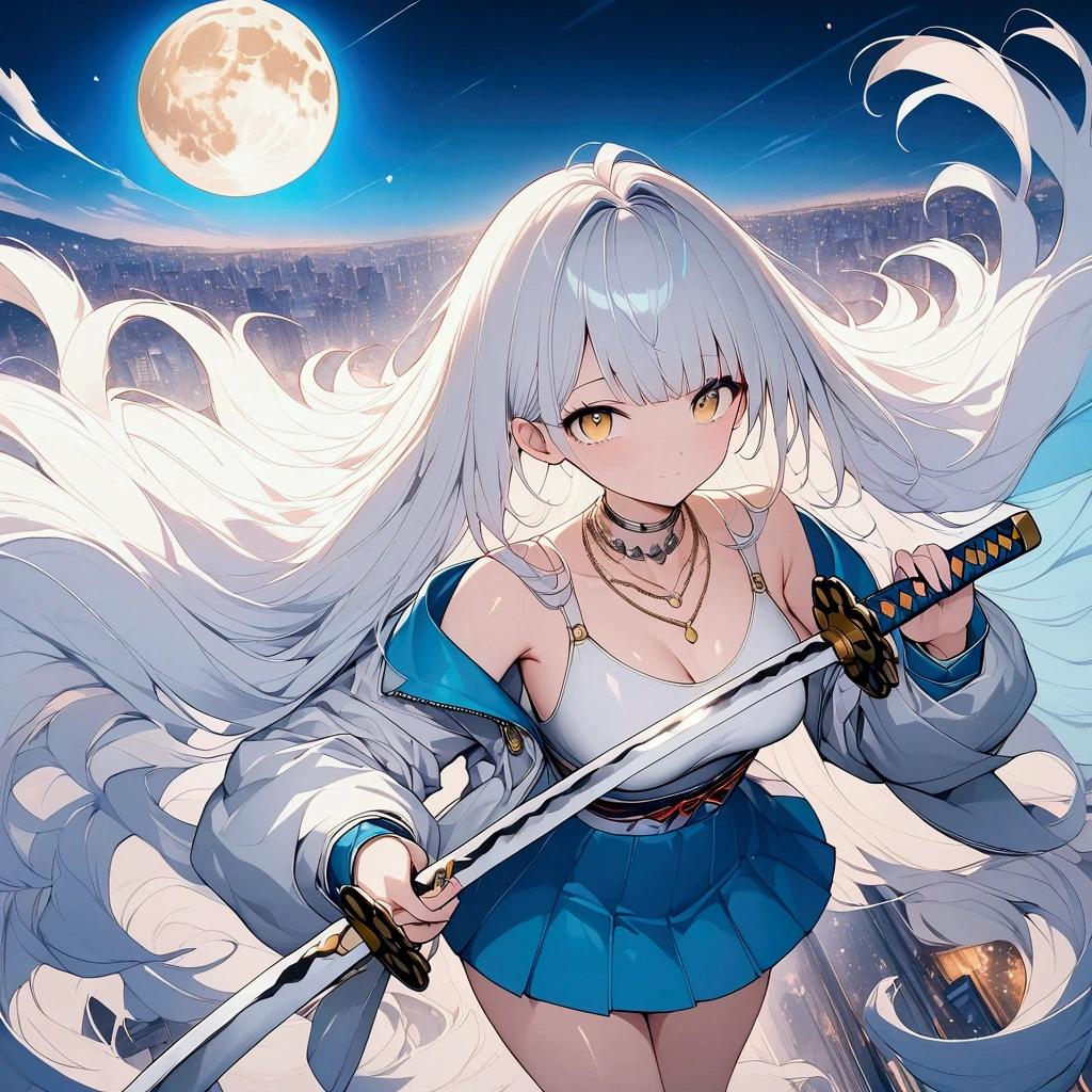 (((anime))) One Woman,Holding a Japanese sword,With both hands,samurai,Long Hair,Fluffy long hair,(White Hair),Oblique bangs,One eye is hidden,necklace,Yellow Eyes,Big eyes, silver cyber suit,Drop shoulder,mini skirt,Blue Boots,Modern city,Neon color,moon,masterpiece,Highest quality,Exquisite,8k,Absurd,Ultra-fine illustrations,(View your audience)