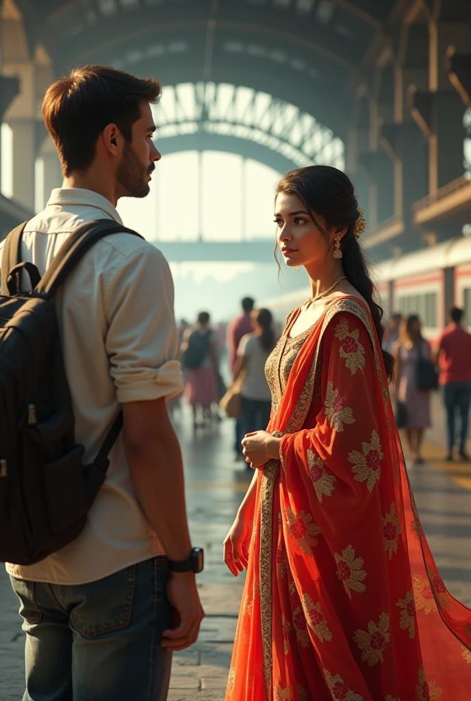 Generate the photo where the one man see the one beautiful lady in traditional dress in railway station baground 
