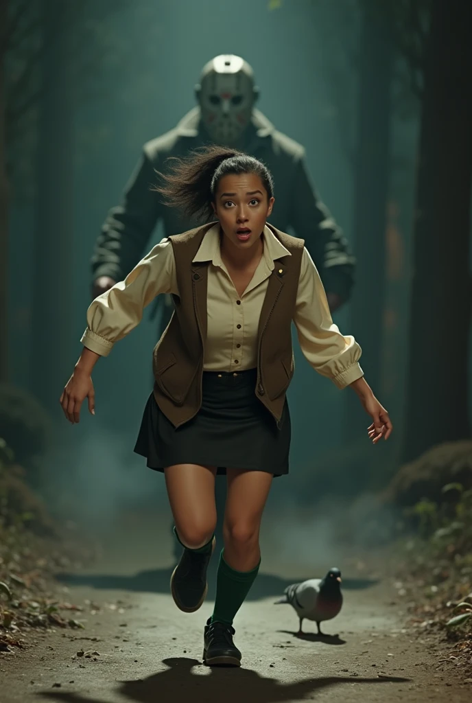 ((Highest quality)), ((masterpiece)), (horror movie posters), A grey female pigeon wearing an off-white collared short-sleeve shirt, a light brown vest, a knee-length black skirt, dark green socks and black shoes, Female Pigeon vs Jason, Running from Jason, Muscular grey female pigeon、Photorealistic images