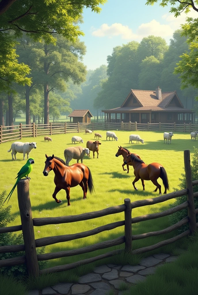 Create a grass and horses,cow, sheep and in the background a large fenced area with trees and a green parrot and a cabin