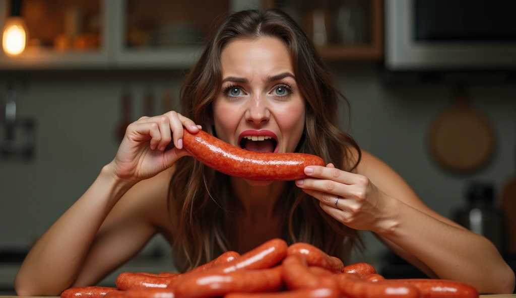 Heaps of food in both hands,muscular woman Eating penis shaped sausage battle contest,in kitchen stadium,