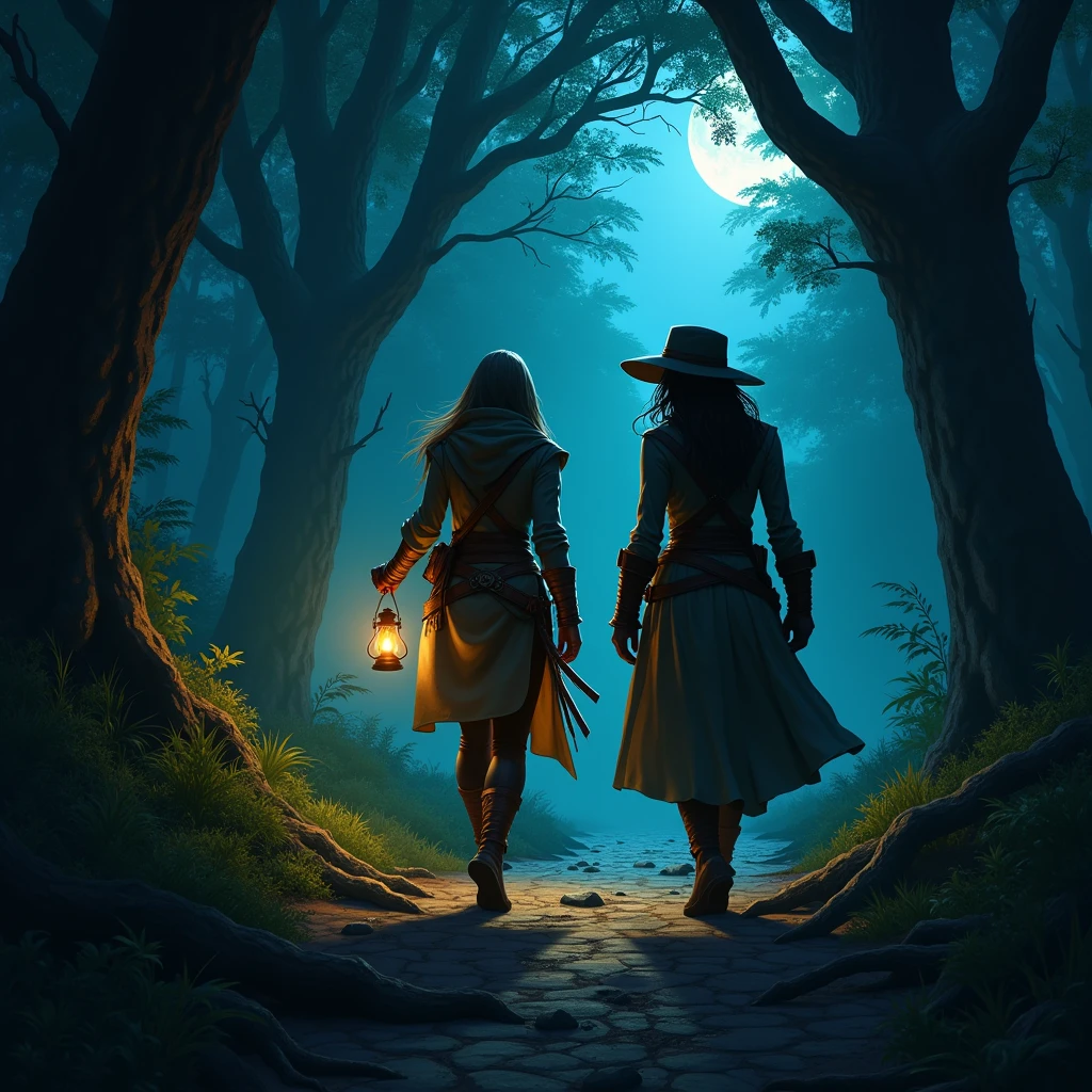 Two childhood friends（The Lord&#39;s Daughter and the Female Thief）walking through the forest at night、Dungeons＆Dragons