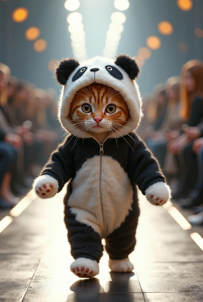 (photorealism:1.2), cute ginger cat, wear panda clothes, walking on runway
