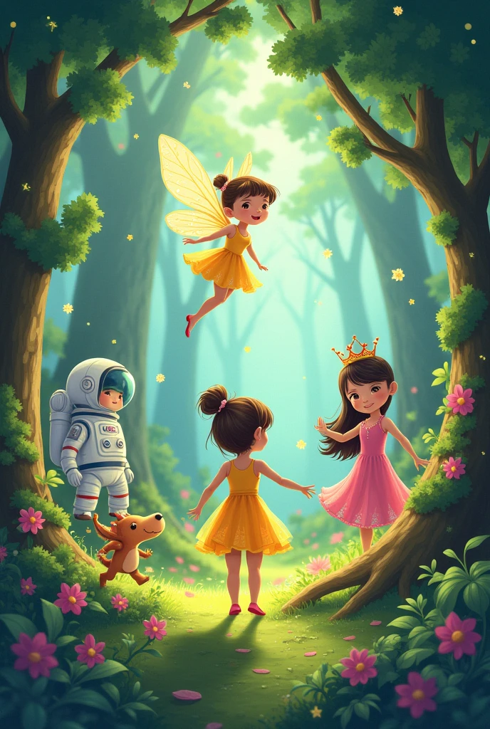 forest,  a princess in a pink dress, a fairy with a yellow dress and in the background space, an astronaut and a YouTuber boy with a dragon
