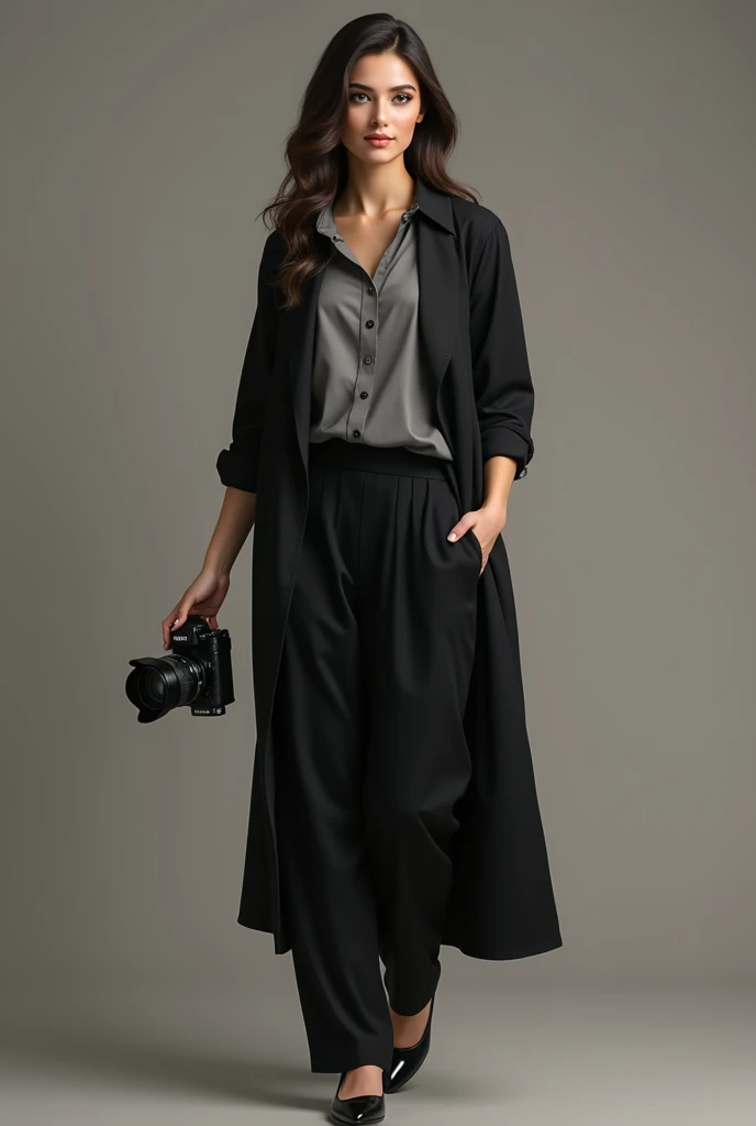 (photorealism:1.2), beautiful pakistani women wear black pant shirt black long shoes grey open shirt pick the camera in right hand