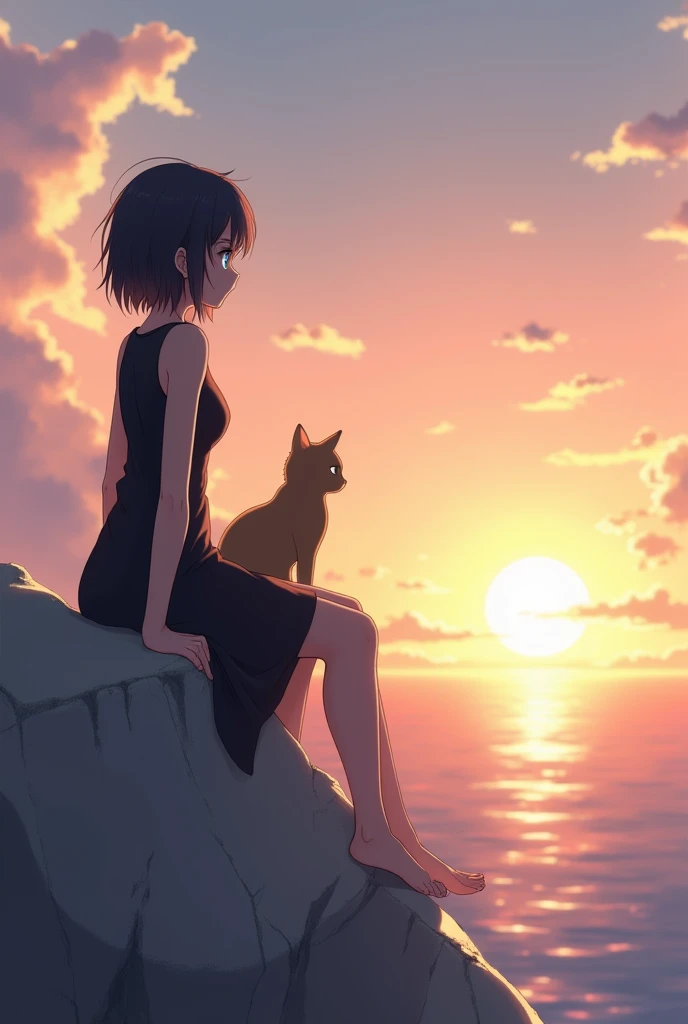 An anime-style illustration depicts a serene scene of a young woman and a black cat sitting on a rocky outcrop during sunset. The woman, positioned on the left side of the image in profile view, has short, dark hair styled in a slightly tousled bob with a few loose strands near her face. She wears a sleeveless black dress that drapes softly around her body, with subtle folds and lines highlighting its texture. Her left arm rests on the rock behind her, while her right leg is bent and crosses over her body. She gazes contemplatively at the setting sun, which is positioned near the horizon in the center of the image. The cat sits next to her, also facing the sun, with its body angled towards it and its head tilted slightly upwards. Both subjects are illuminated by the soft, warm glow of the sunset, creating a high luminance around the edges of their bodies. The background features a beautiful gradient sky with warm hues of peach, light orange, and pale yellow, transitioning to deeper shades of pink and purple near the horizon. The sky is adorned with scattered clouds that add texture and depth to the scene. The ocean is visible in the distance, with soft waves creating a subtle horizon line. A large, rugged, light gray rock with angular edges and visible shadows occupies the lower left corner. The overall mood of the illustration is calm and peaceful, enhanced by the soft lighting, balanced composition, and the intimate moment shared between the woman and her companion as they enjoy the tranquil sunset together.