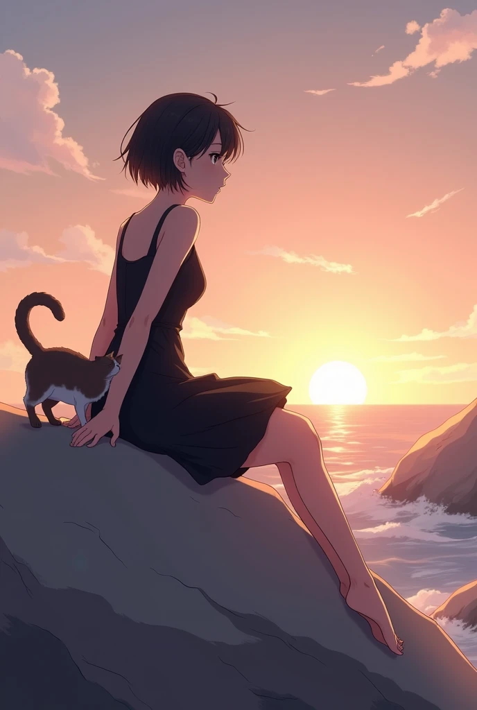 An anime-style illustration depicts a serene scene of a young woman and a black cat sitting on a rocky outcrop during sunset. The woman, positioned on the left side of the image in profile view, has short, dark hair styled in a slightly tousled bob with a few loose strands near her face. She wears a sleeveless black dress that drapes softly around her body, with subtle folds and lines highlighting its texture. Her left arm rests on the rock behind her, while her right leg is bent and crosses over her body. She gazes contemplatively at the setting sun, which is positioned near the horizon in the center of the image. The cat sits next to her, also facing the sun, with its body angled towards it and its head tilted slightly upwards. Both subjects are illuminated by the soft, warm glow of the sunset, creating a high luminance around the edges of their bodies. The background features a beautiful gradient sky with warm hues of peach, light orange, and pale yellow, transitioning to deeper shades of pink and purple near the horizon. The sky is adorned with scattered clouds that add texture and depth to the scene. The ocean is visible in the distance, with soft waves creating a subtle horizon line. A large, rugged, light gray rock with angular edges and visible shadows occupies the lower left corner. The overall mood of the illustration is calm and peaceful, enhanced by the soft lighting, balanced composition, and the intimate moment shared between the woman and her companion as they enjoy the tranquil sunset together.