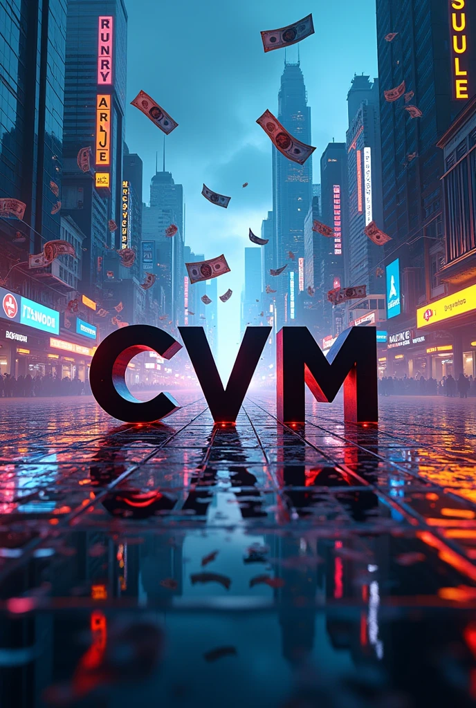 create a slideshow cover with the letters CVM stamped as the title, as a subtitle write: Securities and Exchange Commission, and in the background a technological city with money flying freely
