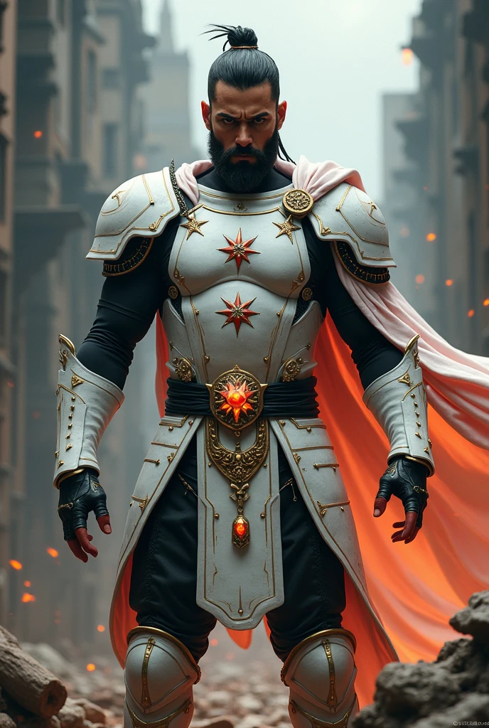 Male age 35, latin, beard, short black hair, a blonde lock, deep sight, white plate armor, armor breastplate with a pair four-pointed red stars, a gold belt buckle with fire crystal, black leotard, plate belt, plate wristband, armor boots with red flames, cyberpunk japanese style, athletic strong, magic powers, action, black cat nails, crazy pose, dark ruins backgroud, full body