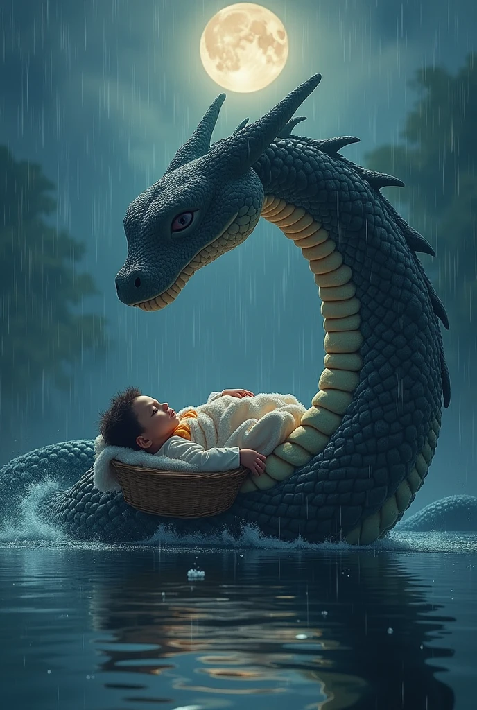 Lord Krishna birth scene crossing Yamuna river with sheshnaag covering little krishna from rain