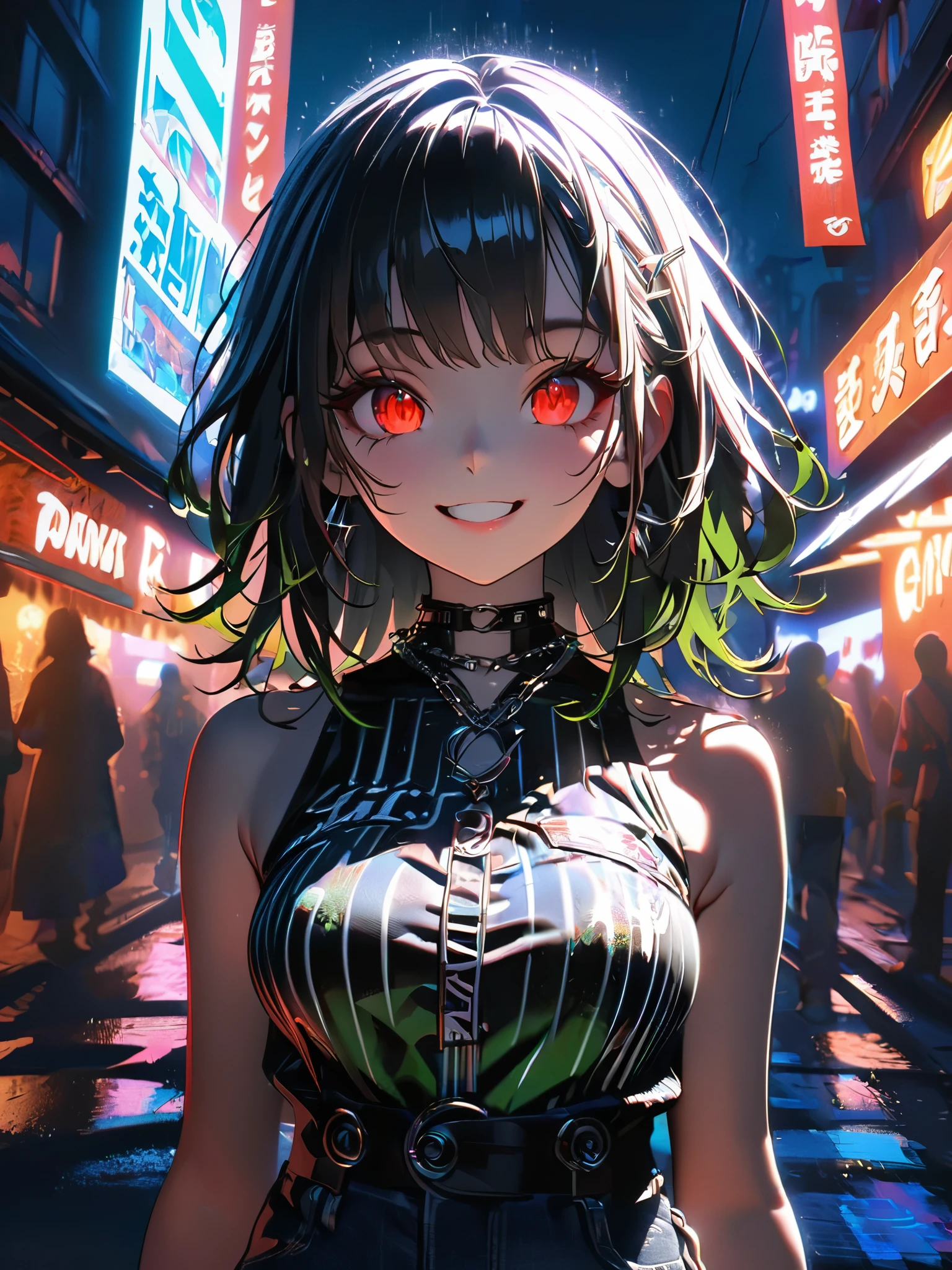 1 person, chromatic aberration, Written boundary depth, Soft Light, masterpiece, Highest quality, complicated, Tone Mapping, A place where fireworks are set off at festivals. Concept Art, Smooth, Clear focus, Dramatic lighting, Very cinematic, super practical painting, アートステーション's trending, 8k, Incredible Shadows, practical, whole body, View, Viewers, Portrait of a Girl 1, standing on street corner, Heavy rain and lightning、Dark Sky, neon and cyber punk background, she is dressed in punk clothing with silver chains and silver spikes, Her hair was dyed a bright black color..........Ominous aura of light, smile, punk, ciber punk, Backlight.Fashionable clothes、Friendly dress code:Stylish green sleeveless denim style.My breasts are a little big.Beautiful red eyes