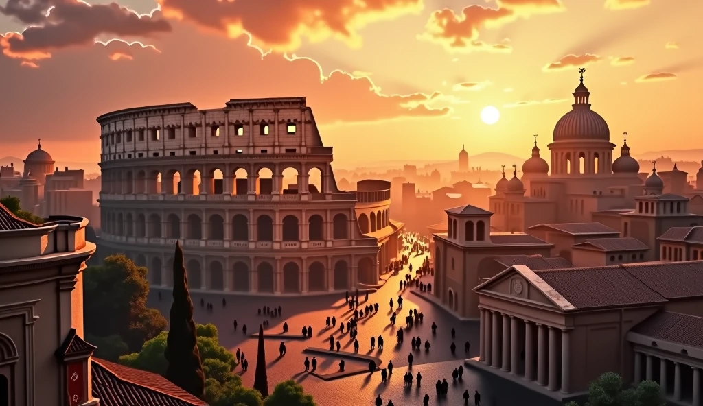 This image portrays a majestic ancient cityscape at sunset. The architecture suggests it is a depiction of ancient Rome, with the iconic Colosseum prominently featured in the center. The buildings surrounding the Colosseum are classical, with columns and domes typical of Roman architecture. The sky is painted in warm hues of orange and gold as the sun sets on the horizon, casting a soft, golden glow over the city. The overall atmosphere is serene yet grand, evoking a sense of historical grandeur and timeless beauty.